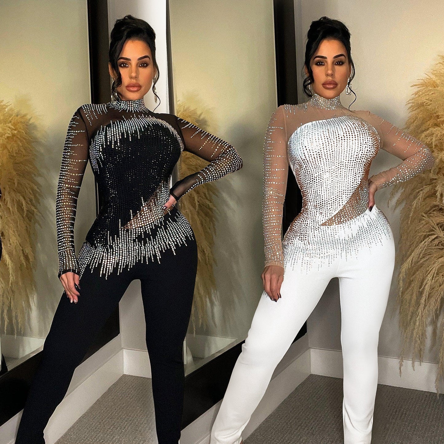 Women's Pure Color Mesh Rhinestone Long-sleeved Trousers Jumpsuit