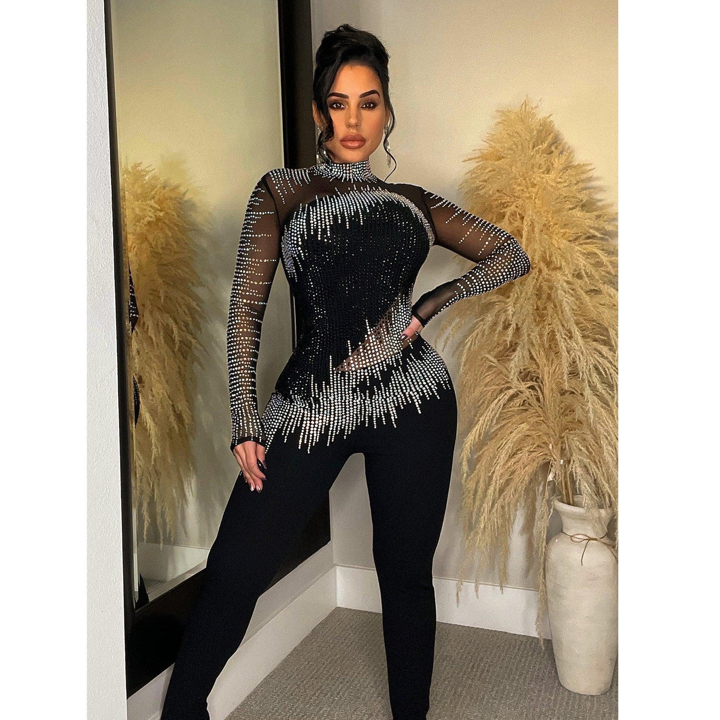 Women's Pure Color Mesh Rhinestone Long-sleeved Trousers Jumpsuit