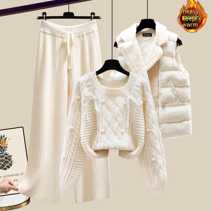 Three-piece Vest Thickened Sweater Wide-leg Pants Women's Suit