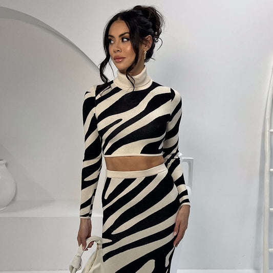 Top Striped Slim-fit Sheath Skirt Knitting Suit
